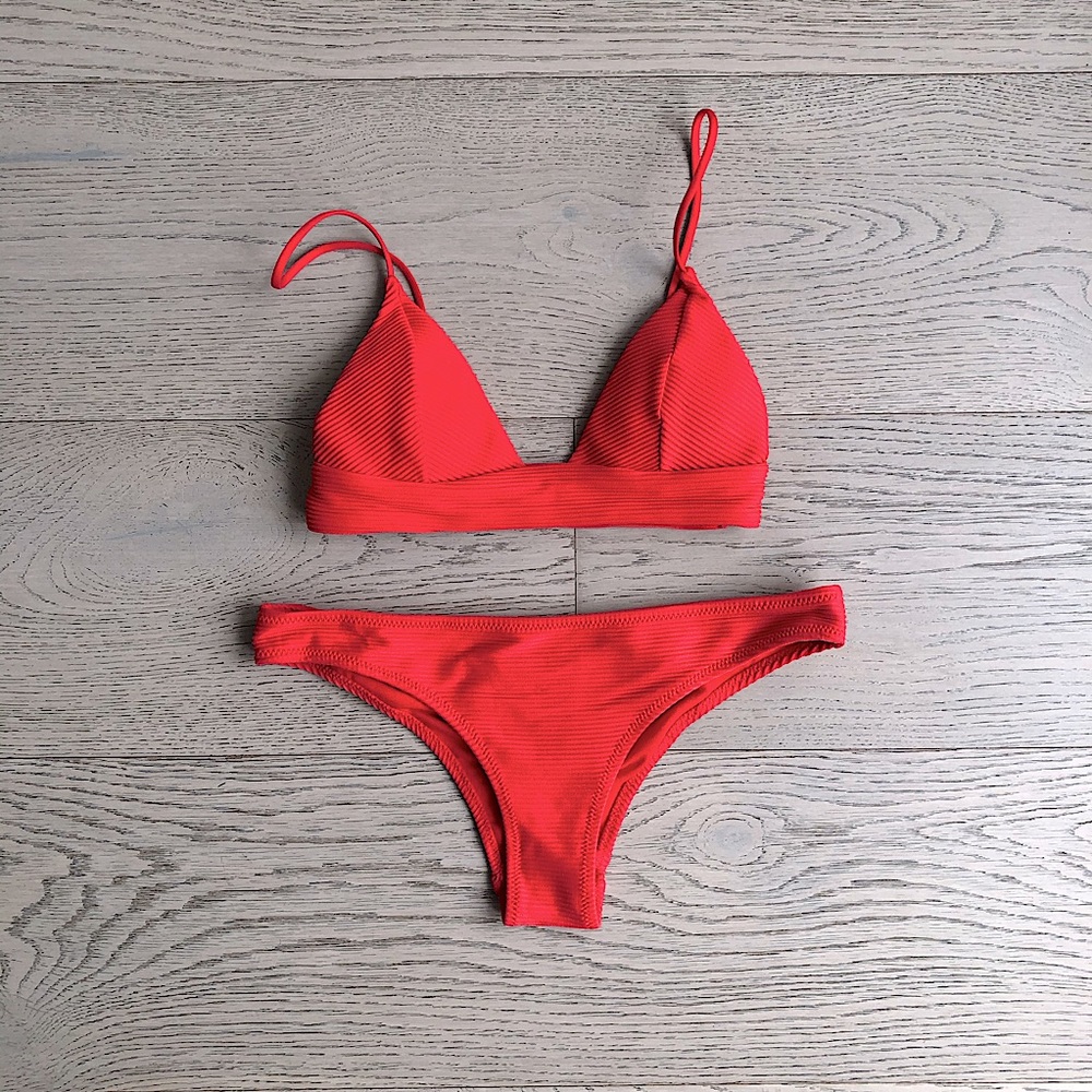 Red Bikini Ribbed 2 Piece Set H&M String Strap